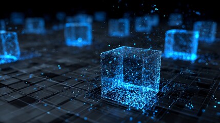 Stunning abstract cubes glowing bright blue on reflective surface for modern tech concepts and futuristic design projects