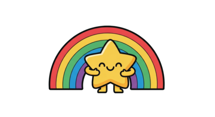 Cute cartoon star character with a happy face standing in front of a rainbow.