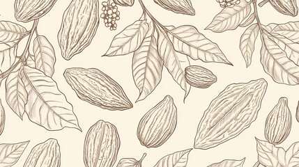 Repeating botanical illustration depicts cocoa pods and foliage in a vintage engraving style