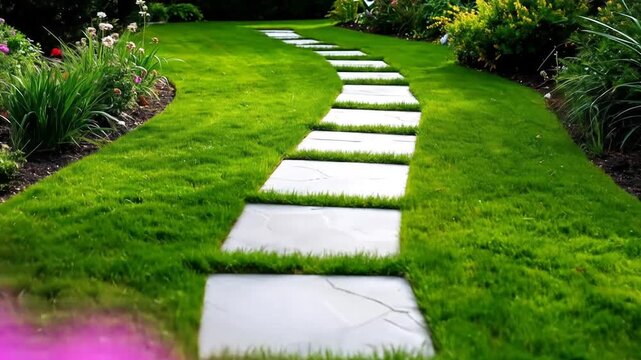 Garden path with flowers and green grass.