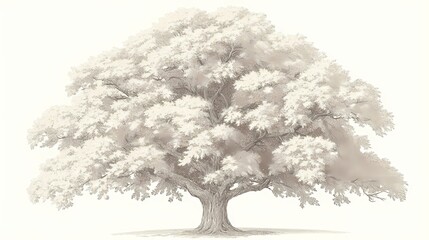 Monumental deciduous tree rendered in a delicate, pale monochrome sketch style