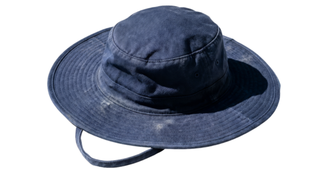 A textured blue denim bucket hat with subtle fading lies isolated on a transparent background. This png image is perfect for any design project.