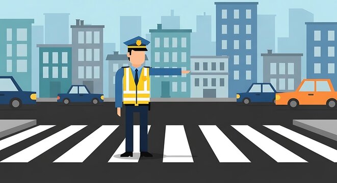 Police officer directing traffic on a city street with crosswalk and buildings.