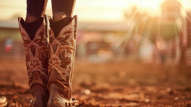 Ornate cowboy boots on dirt ground with warm sunset