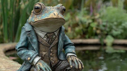 Elegant frog statue in pinstripe suit contemplating life near tranquil pond, whimsical garden art reflecting peace and timeless character