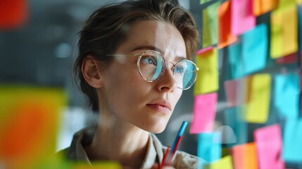 creative professional woman brainstorming ideas with colorful sticky notes on glass board businesswoman working on project management and strategic planning in modern office