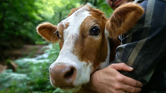 Partial view of farmer's arms embracing with clear focused bovine animal's head in rural environment, with copy space