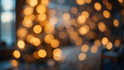 Bright, gold Christmas lights with a beautiful night bokeh glow create a stunning, blurred holiday background celebration
