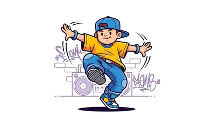 Obraz premium Energetic Young Boy Breakdancing in Hip Hop Style with Graffiti Background.