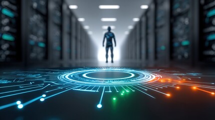 Futuristic ai interaction in data center high-tech environment digital art innovation concept