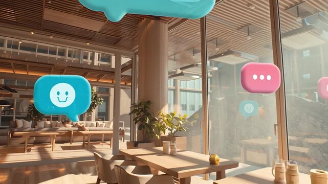 Adaptive chat communication with colorful speech bubbles modern cafe interior featuring natural light, wooden furniture, plants, and adaptive design