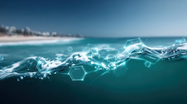 Ocean waves with molecular structures seaside digital artwork serene environment aerial view water and technology fusion
