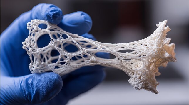 Innovative 3D printed bone scaffold for regenerative medicine held by researcher in blue surgical glove offering hope for future implants