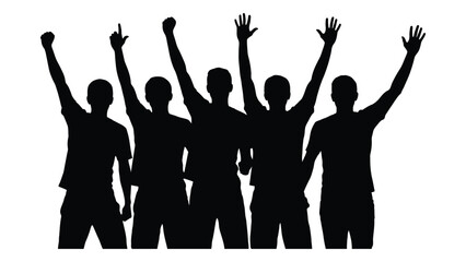 Group of five people silhouette with raised arms isolated on white background, Vector