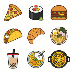 Cute Food Icon Set – Pizza, Sushi, Burger, Taco, Croissant, Ramen, Bubble Tea, Curry, Paella Vector Illustration