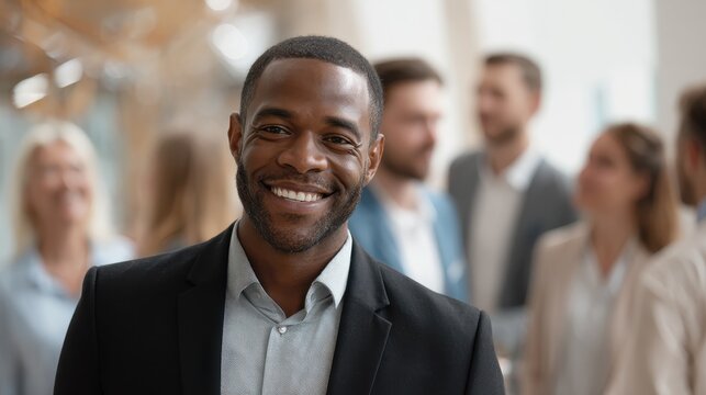 business professional smiling with diverse team in background networking event successful career positive workplace culture teamwork and collaboration