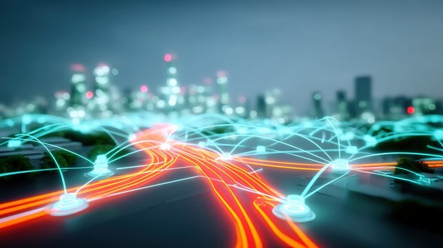 Dynamic digital connectivity urban cityscape's tech infrastructure nighttime view of networked transportation and communication systems