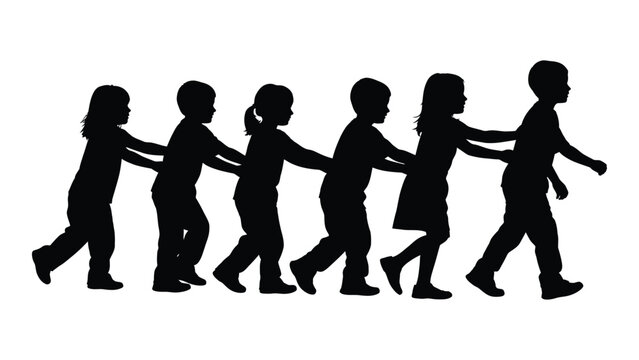 Children walking in a line silhouette isolated on white background, Vector