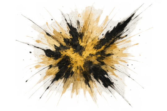 Black and gold watercolor paint splatter creating an abstract explosion of dynamic texture, transparent background