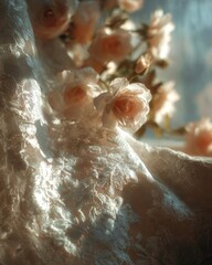Obraz premium Delicate Lace Wedding Dress With Roses In Sunlight