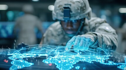 Military technology action soldier interacting with global network map command center digital interface futuristic environment close-up view military strategy