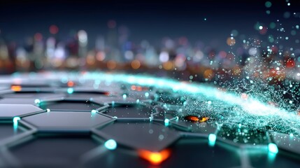 Dynamic hexagonal surface with glowing elements futuristic cityscape digital art nighttime close-up technology innovation