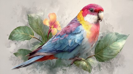 Soft Brushstroke Parrot Illustration with Botanical Accents, Premium Design