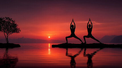 Silhouette couple practicing warrior two yoga pose by tranquil ocean at vibrant sunset reflection