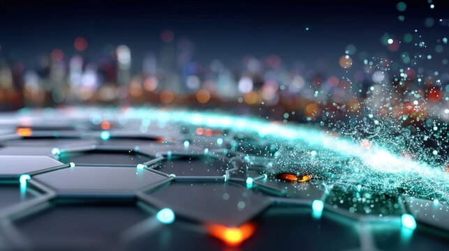 Dynamic hexagonal surface with glowing elements futuristic cityscape digital art nighttime close-up technology innovation