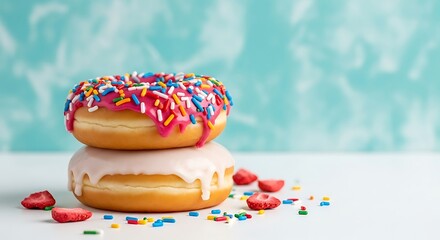 Two colorful donuts stacked with sprinkles and strawberries on a blue background 