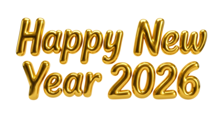 Golden happy new year 2026 message in shiny 3d balloon text