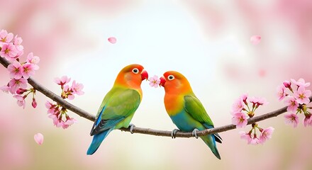 Fototapeta premium Two lovebirds perched on a branch with pink cherry blossoms and falling petals 