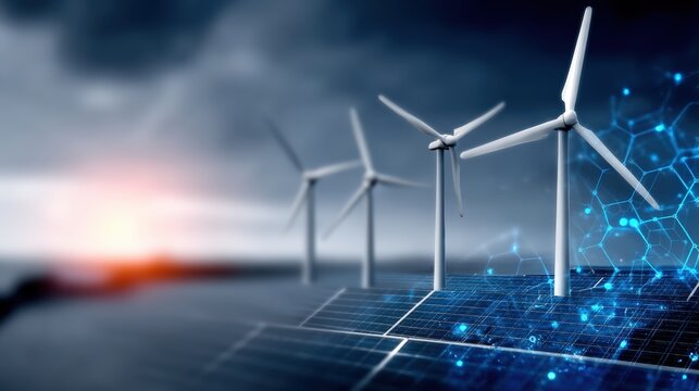Harnessing renewable energy wind and solar power integration coastal location digital art futuristic environment aerial view sustainability concept