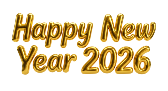 Golden happy new year 2026 message in shiny 3d balloon text