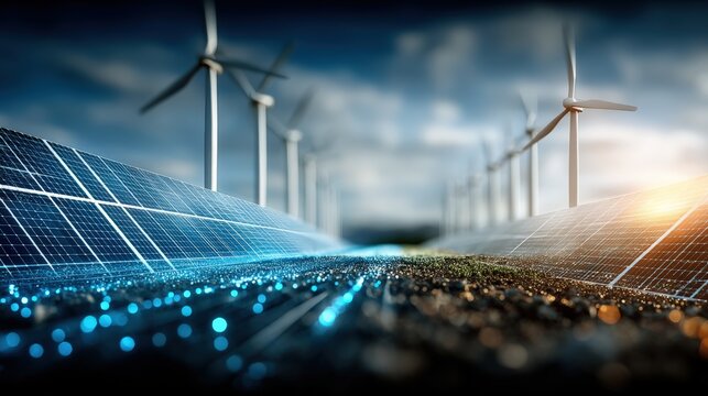 Renewable energy revolution solar panels and wind turbines eco-friendly landscape technology perspective sustainable future