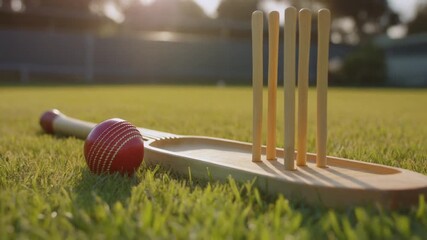 Cricket bat ball and wickets on a green grass field at sunset. - Powered by Adobe