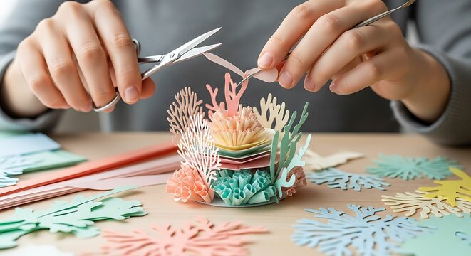 Hands crafting a colorful paper coral reef diorama with scissors paper art underwater