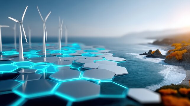Innovative renewable energy solutions coastal wind farm digital art futuristic environment aerial view sustainability concept
