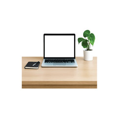 Fototapeta premium Print Minimalist workspace with a laptop, notebook, and plant