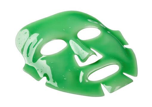 Green sheet face mask with water droplets isolated on a transparent background