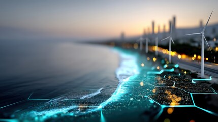 Innovative renewable energy production urban coastal city digital landscape futuristic environment aerial view technological advancements