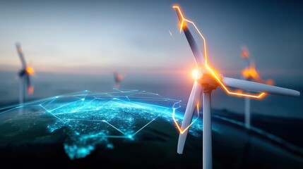 Innovative wind energy solutions global landscape digital visualization high-tech environment aerial viewpoint sustainability concept