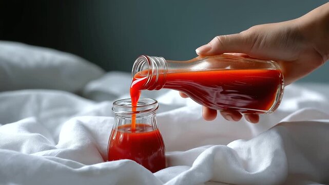 Defocused body holding bottle with crystal clear tomato condiment dripping onto white cotton textile visible, with copy space