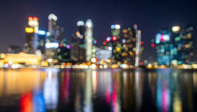 Colorful City Skyline Bokeh Abstract Background at Night. / Blurry Urban Nightlife Lights Reflection.