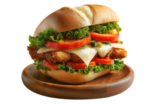 Milanesa chicken sandwich with beef lettuce, tomato, onions, pickles, and sauce on wooden plate isolated on white transparent background, concept of fast food meal