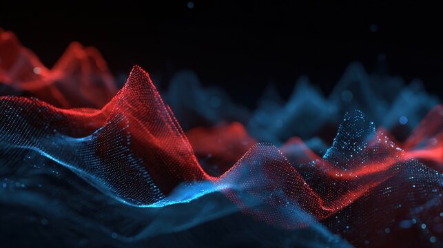 stable financial abstract data visualization with rising red node line and blue mesh curve