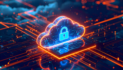 Abstract visualization of secure information management, with neon lines and digital circuitry. Concept for IT Infrastructure, Data Encryption, Big Data, and advanced network defense.