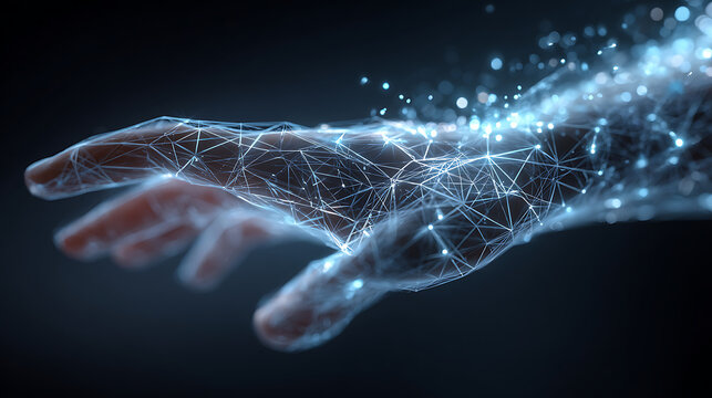 AI and human hand contact on glowing big data network representing futuristic technology innovation and digital advancement visualization.