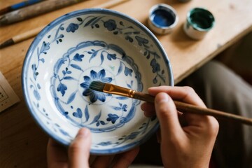 Hand painting blue floral patterns on a white ceramic bowl using a fine brush