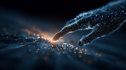 AI and human hand contact on glowing big data network representing futuristic technology innovation and digital advancement visualization.
